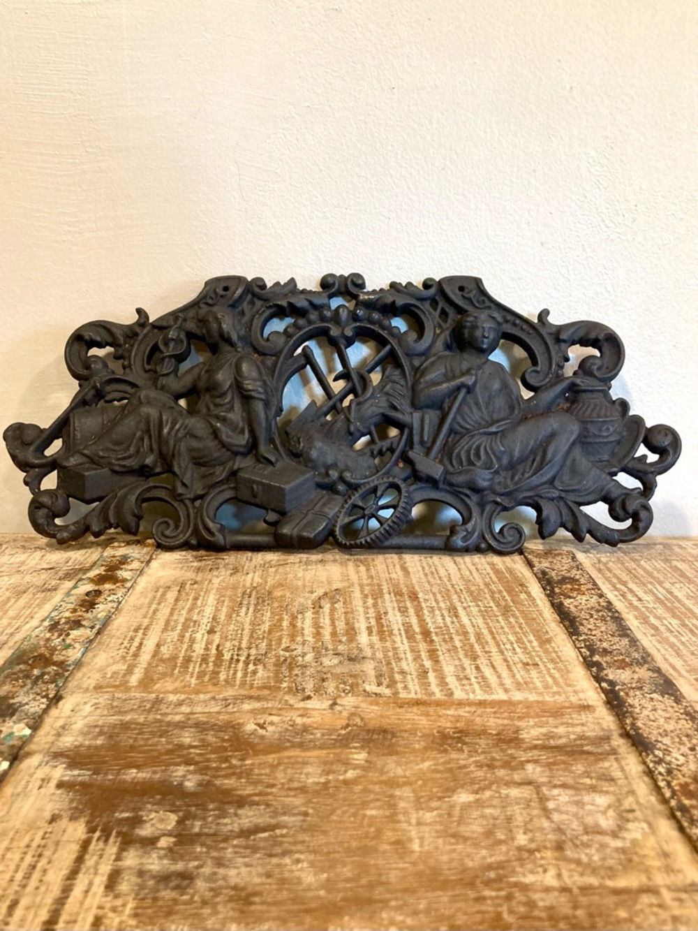 16” Cast Iron Decorative Wall Plaque Man and Woman in Robes with Tools